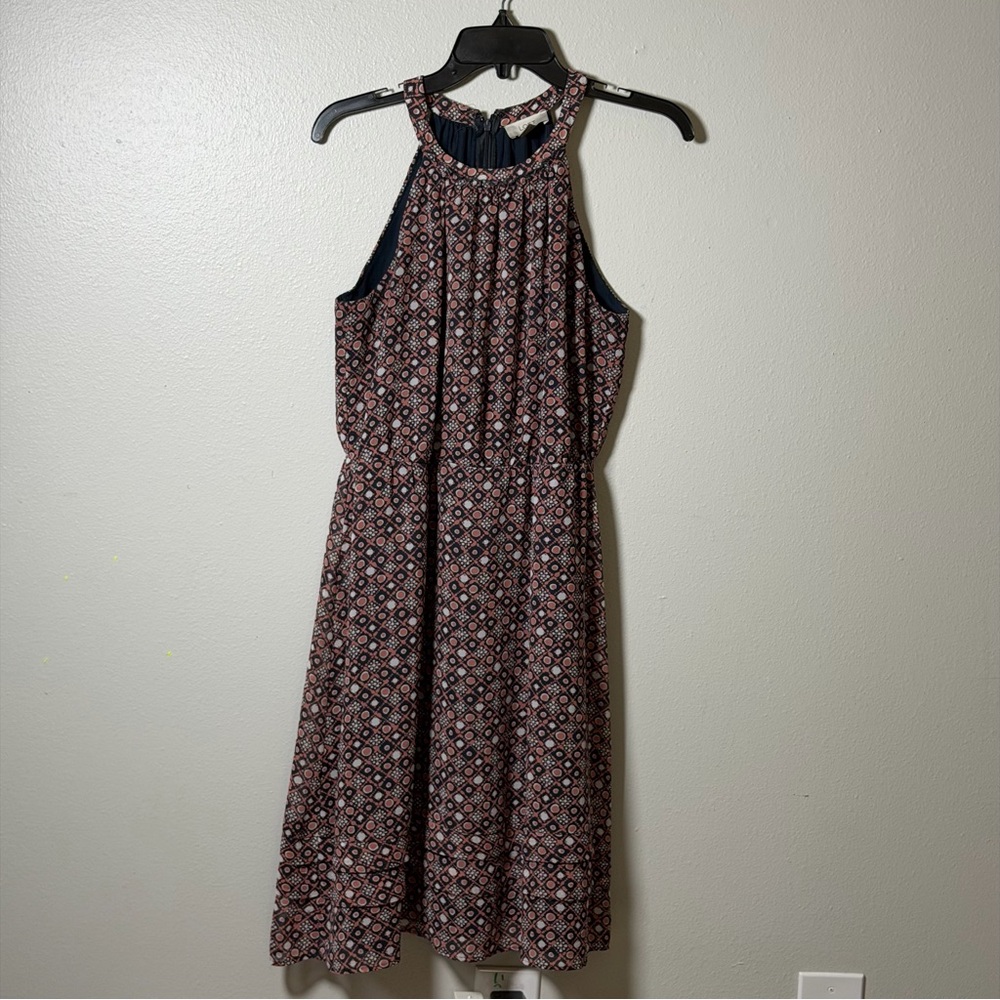 LOFT Women Sleeveless Geometric Midi Dress Halter Black/Pink size 8
